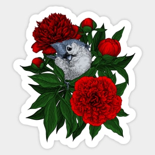 Bird on a red peony bouquet Sticker